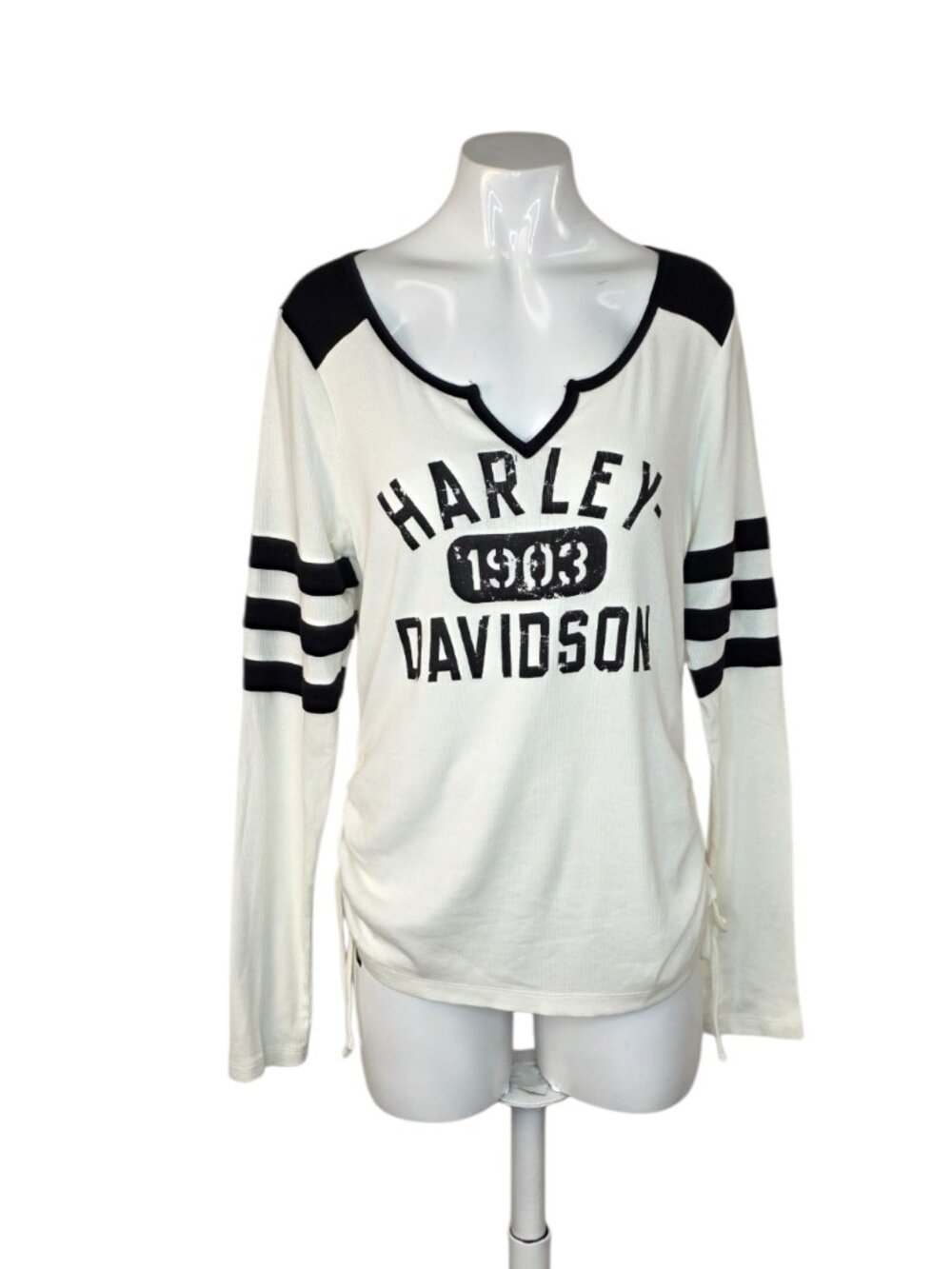 Harley-Davidson Long Sleeve V-Neck Top, Cinched Sides, Black/White Size M